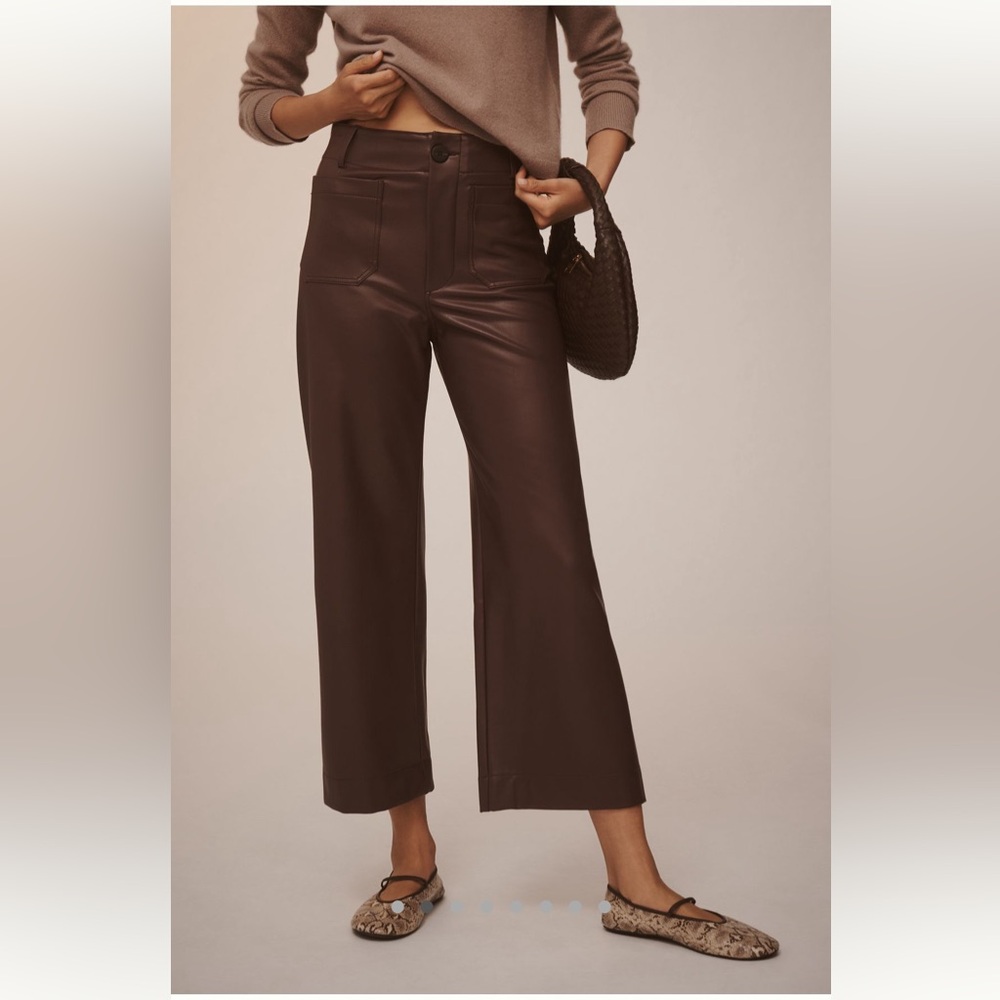 Anthropologie Colette cropped wide leg faux leather pants brown